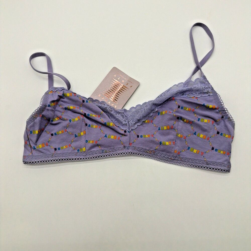 New Savage X Fenty Lavender Purple Rainbow Logo Bralette Lace Trim Medium